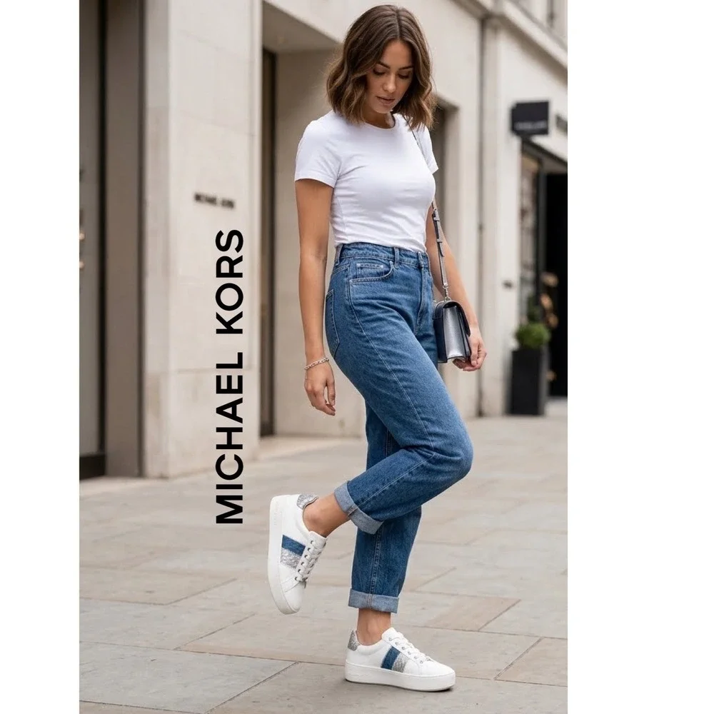 Michael Kors Poppy White Platform Sneakers Blue Silver Logo Stripe LS24J Sz 8.5